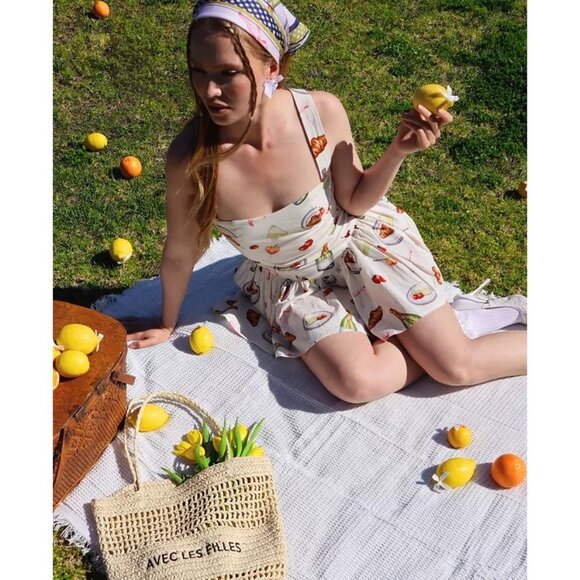 Avec Les Filles Size 2 Printed Drop-Waist Flounce Romper Dress Ivory Tabletop - Picture 5 of 12